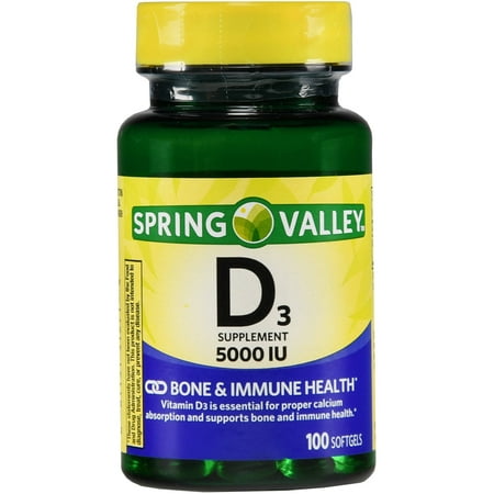 Spring Valley Vitamin D3 Softgels, 5000IU, 100ct (Best Vit D3 Supplement)