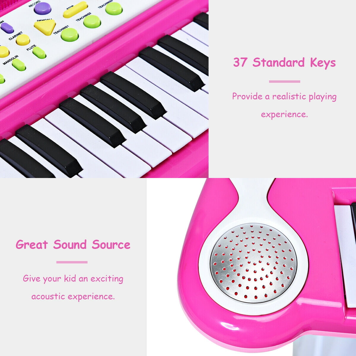 Costway 37 Key Electronic Keyboard Kids Toy Piano MP3 Input with Microphone and Stool Pink
