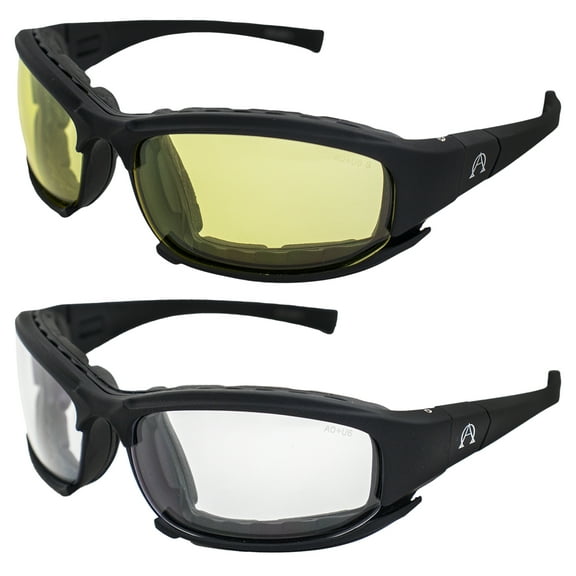 Alpha Omega AO3 Auto-Darkening Motorcycle Sunglasses Foam-Padded Convertible Riding Safety Glasses Z87.1 2 Pairs Black Frame Yellow and Photochromic Clear to Smoke Lenses