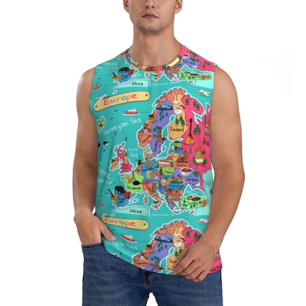 Fotbe Cartoon Map Of Europe Men's Camiseta sin Mangas Estampada para Hombres, Playera Casual para Gimnasio, Entrenamiento, Playa-XX-Large