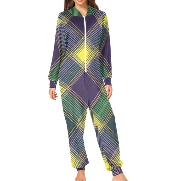 Mardi-gras Color Adult's Hoodie Onesie Jumpsuit One-Piece Pajamas with Zipper Unisex for Holiday S