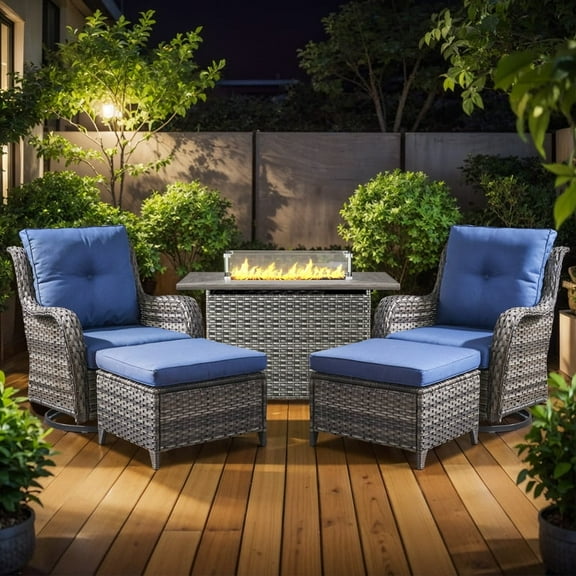 Gymojoy 5-Piece High Back Outdoor Wicker Conversation Set with Swivel Chairs, Ottoman & 50,000 BTU Fire Pit Table - Patio Furniture Set for Deck, Porch, Poolside