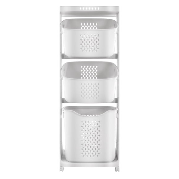 Rolling 3-Tier Laundry Basket with Handle, Large Capacity, Locking Wheels, White PP Plastic Storage Organizer for Clothes, Bathroom, or Bedroom—Modern Design, Easy Assembly, Hides Personal Items