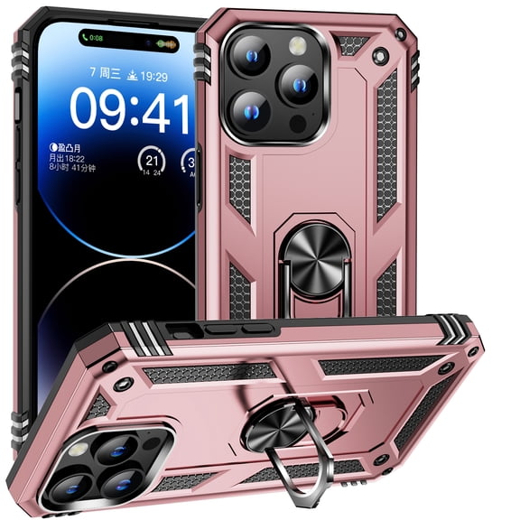 Allytech Rugged Case for iPhone 16 Plus, Military Grade Protection Shockproof Non-Slip Cover with Metal Rotatable Ring Stand, Magnetic Car Mount Holder Fashion Case for iPhone 16 Plus - Rosegold