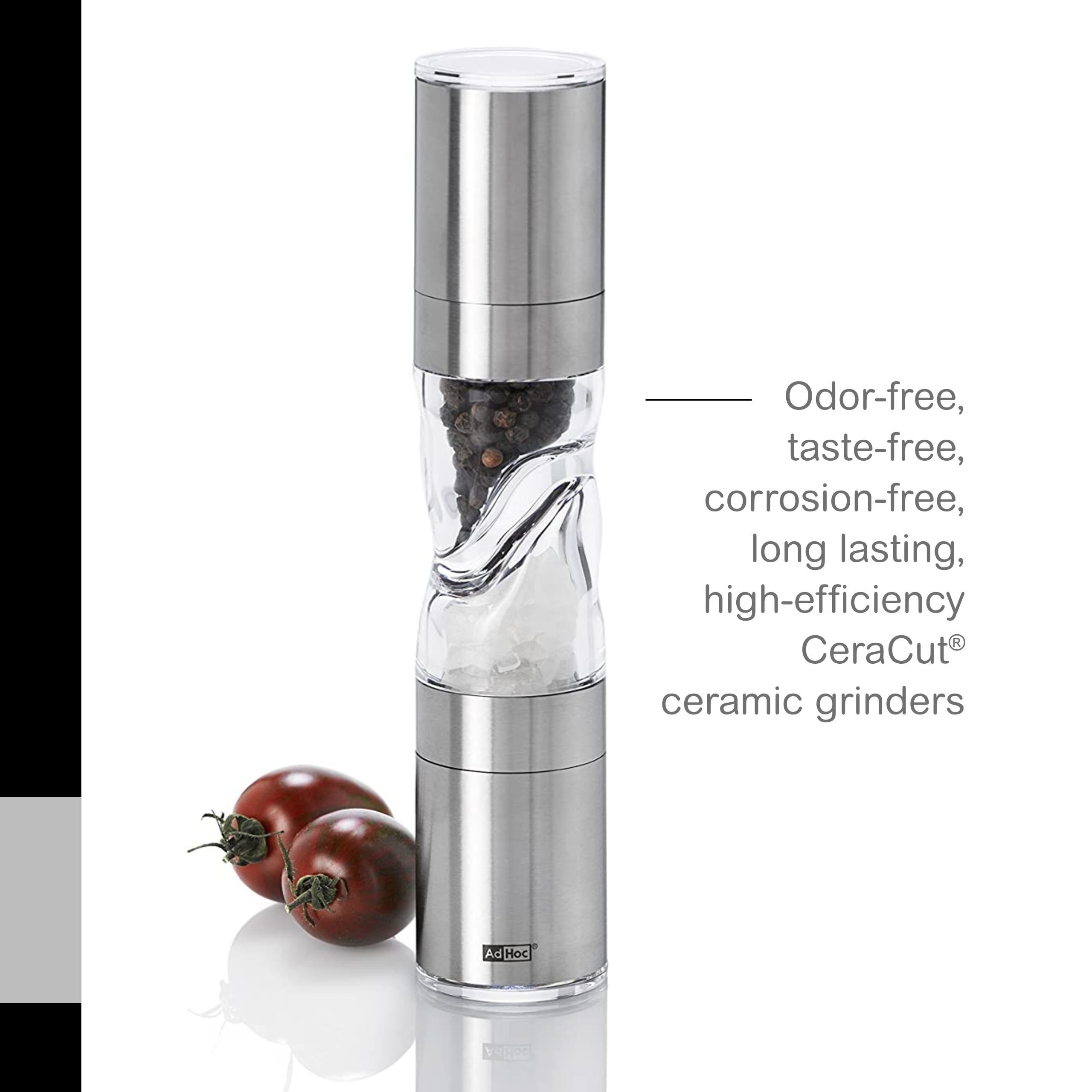 ADHOC Geared Salt or Pepper Mill, 7.5 inch, Stainless Steel. Silver