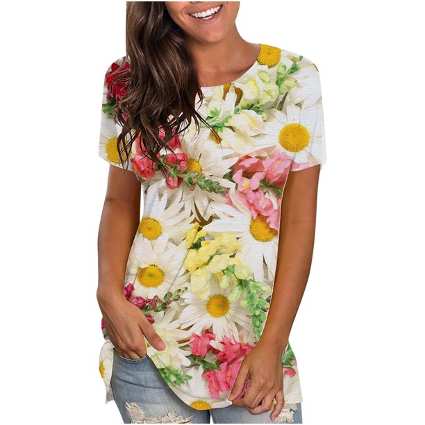 Blusa de manga corta con estampado digital de cuello redondo casual para mujer Pompotops hkajfhjk461866