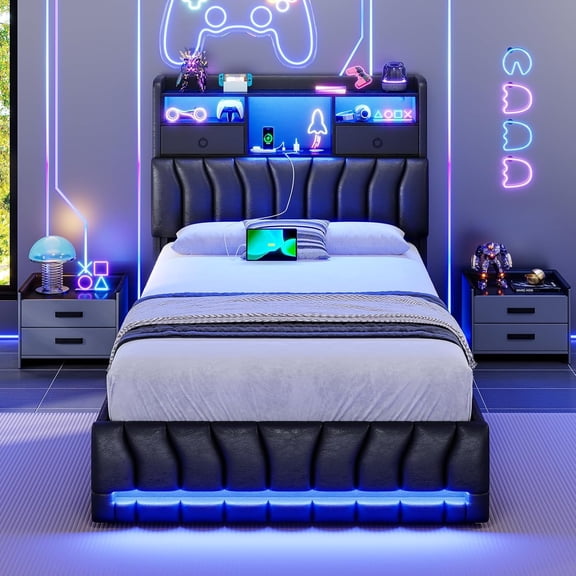 Twin Size Bed Frame with Storage Headboard and 2 Drawers,Leather Upholstered Platform Bed with Hidden Bookcse Headboard and Charging Station ,Twin Size Gaming Bed with RGB LED Light,Black