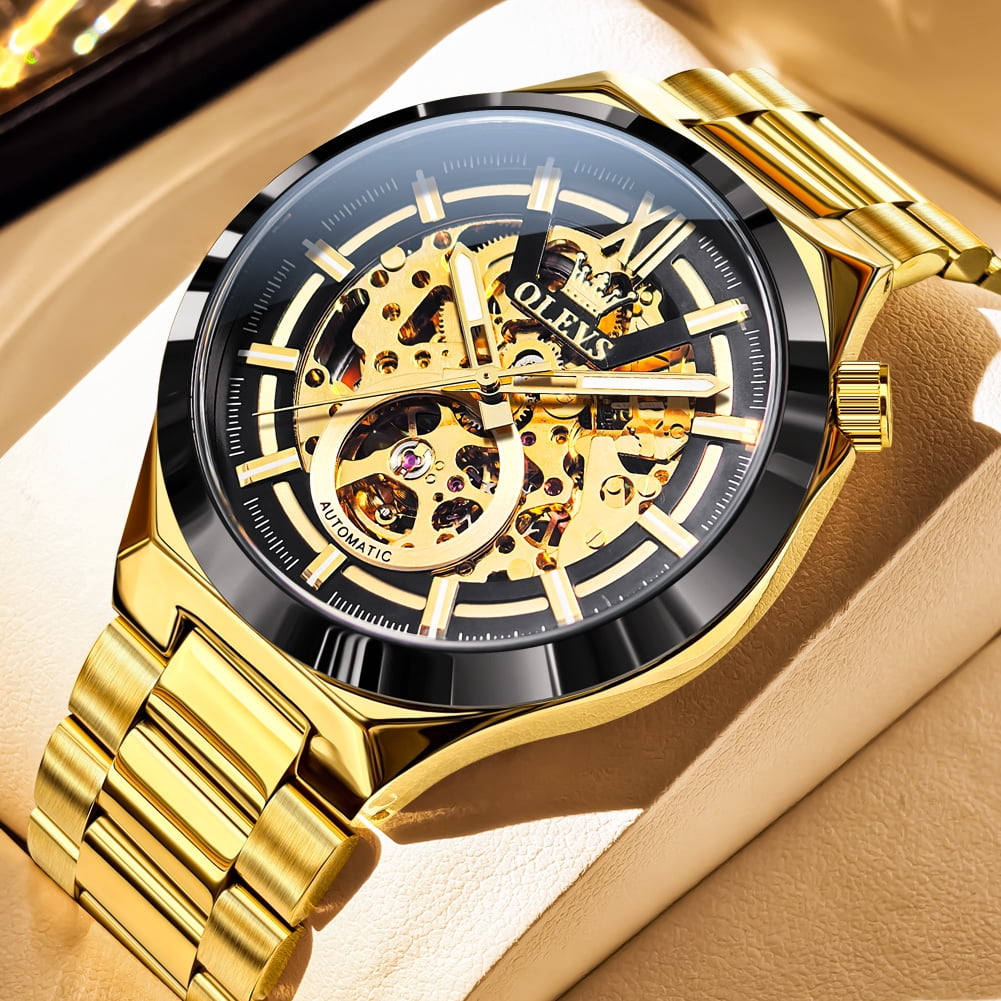 OLEVS Skeleton Watches for Men Luxury Dress Automatic Self Winding Mechanical Gold Plated Stainless Steel Waterproof Luminous Business Men Wrist Watch Reloj Para Hombre