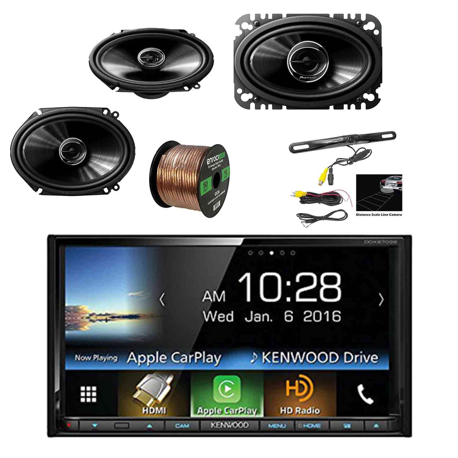 Kenwood 2DIN Car Stereo Receiver w/Pyle License Plate Mount Rear View Backup Color Camera