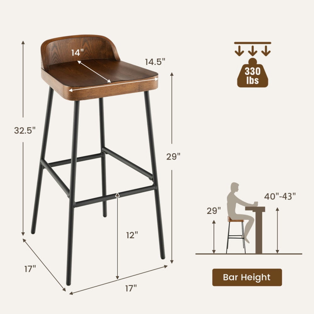 Demi Bonn 29" Industrial Bar Stools with Low Back and Footrests, Modern Kitchen Dining Chair, Brown