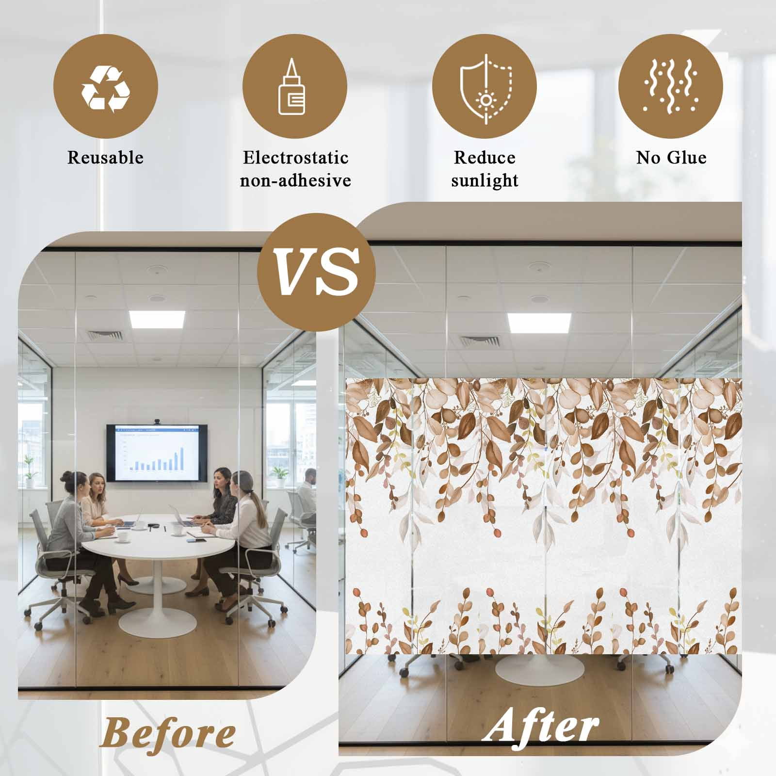 Sun Blocking Glass Window Film, Brown Eucalyptus Leaves Window Privacy Film Frosted, Farmhouse Botanical Watercolor Reusable Windows Privacy Sticker for Home Decor, Nursery, 23.6 x 78.7 Inches