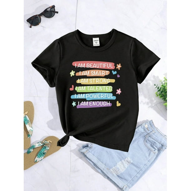 Camiseta de manga corta con estampado de eslogan para niña, de algodón, con cuello redondo y manga corta, holgada e informal, lavable a máquina, ideal para uso informal.
