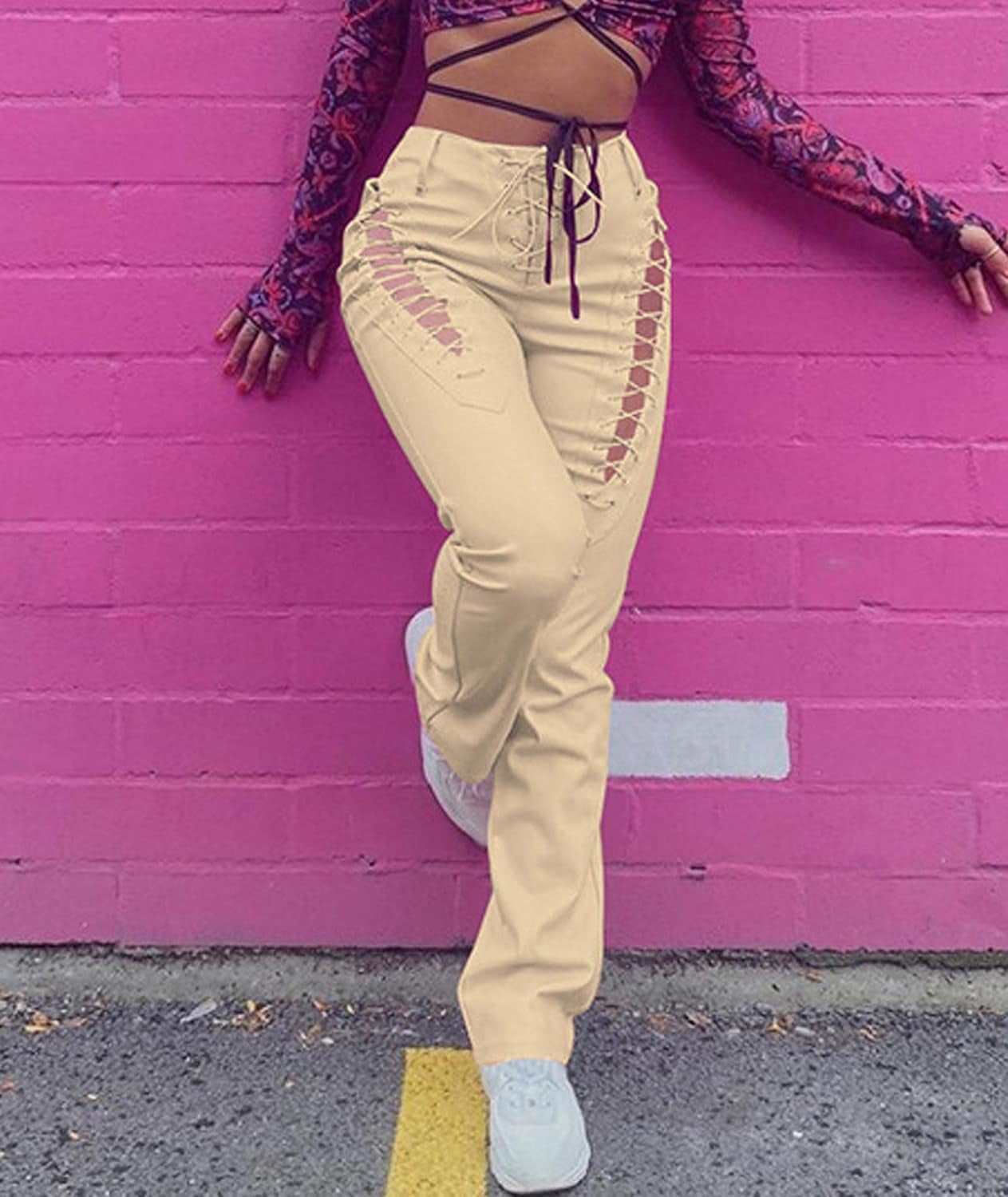 HLSOHJP Women's Lace Up PU Leather Pants Chic High Waist Hollow Out Drawstring Bandage Cut Out Faux Leather Trousers