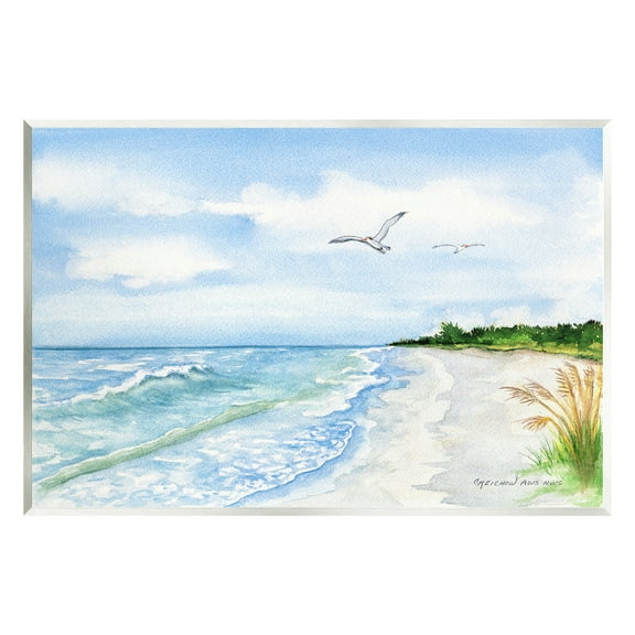 Stupell Industries Traditional Seagull over Beach Landscape Painting Unframed Art Print Wall Art, 15 x 10