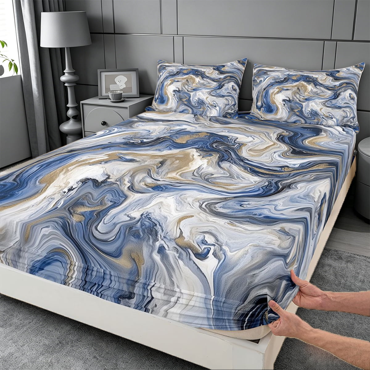 meiyoeat Blue Gold Marble Queen Sheets For Kids,Fluid Swirl Design Queen Sheet Sets For Adults,4pcs