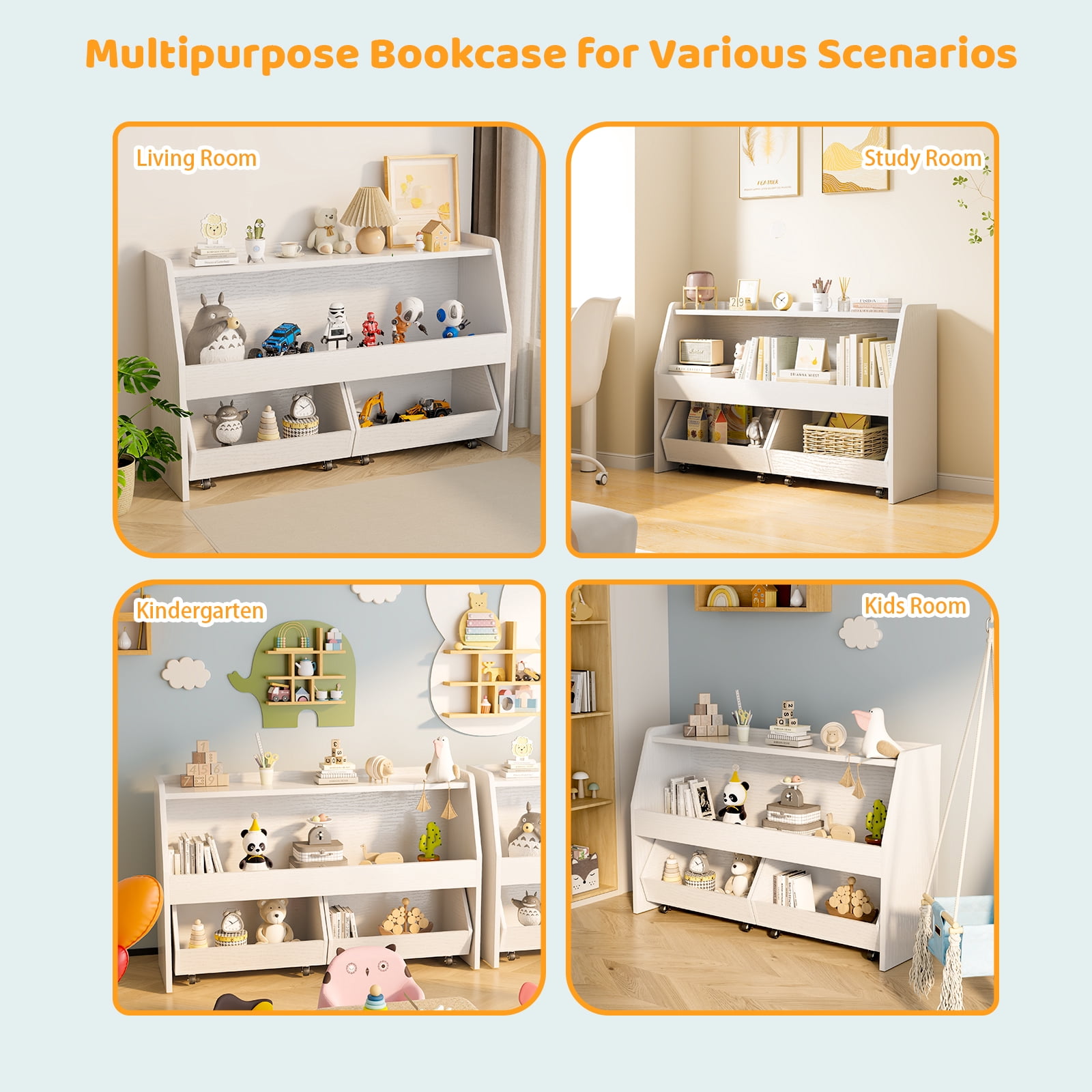 2-Tier Toy Storage, Portable Kids Toy Organizer 2 Removable Drawers Bins with 4 Wheels White