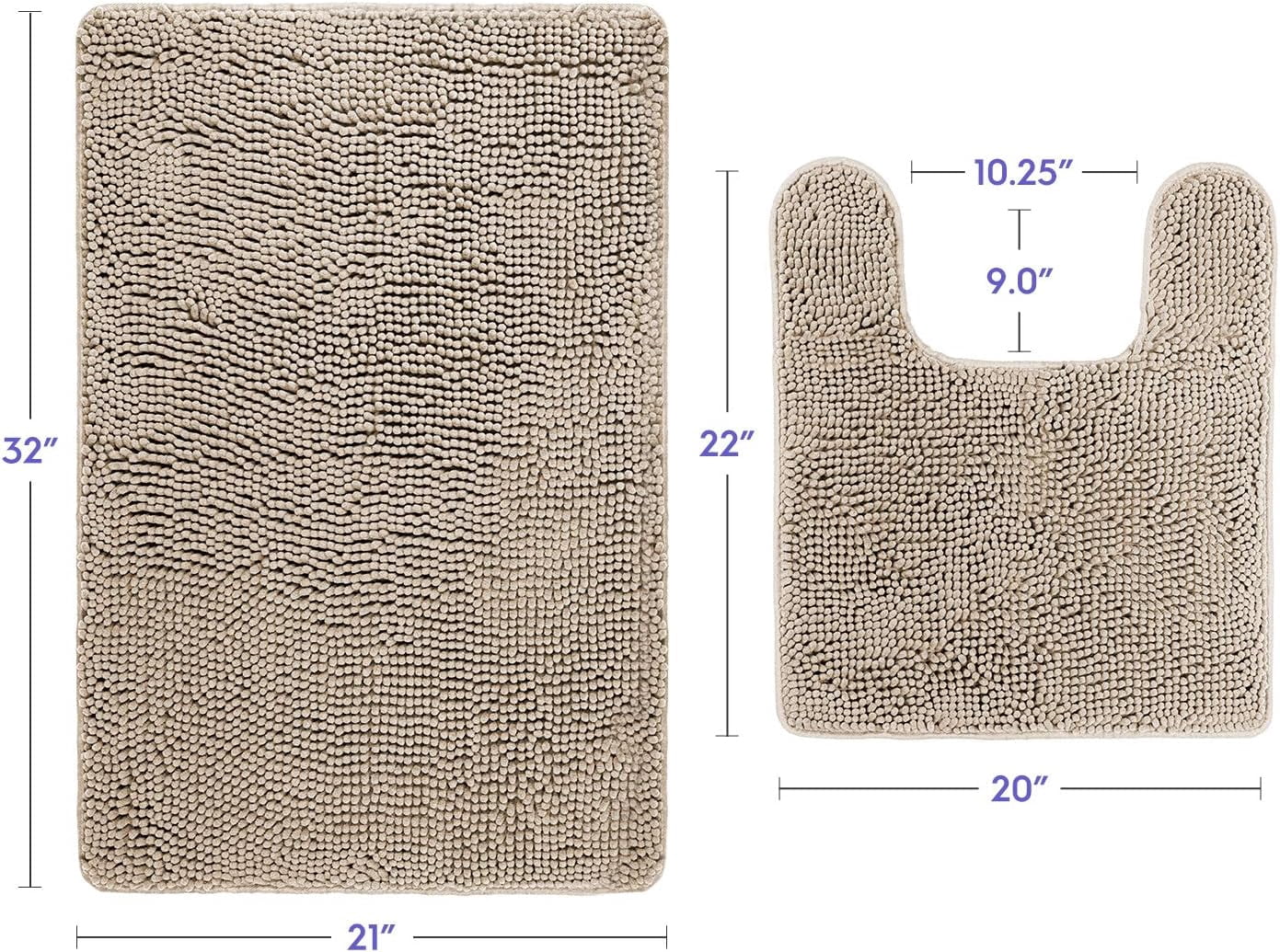 Bathroom Rugs and Mats Sets, Chenille Microfiber, Quick Dry, Ultra Soft Luxury, Shaggy Absorbent Non-Slip Washable Bath Rugs, Bath Mats for Bathroom, Shower Mat & Tub (Beige, 21"x32", 2 pcs)