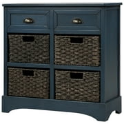 Storage Cabinet for Bedroom Clothes, Bathroom Storage Cabinet, Rustic Storage Cabinet with Two Drawers and Four Classic Rattan Basket for Kitchen/ Dining Room/ Entryway/ Living Room (Antique Navy)