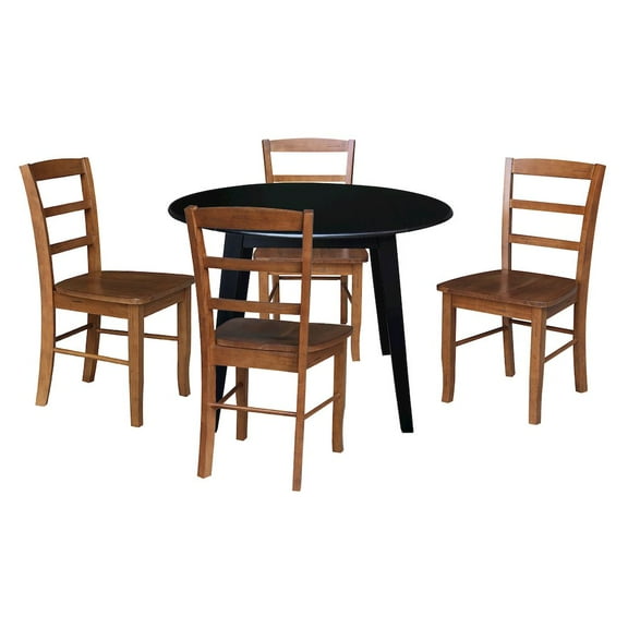 42" Round Solid Wood Dual Drop Leaf Table with 4 Chairs in Black