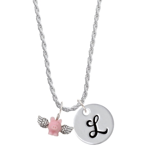 Delight Jewelry Silvertone Mini Pink Flying Pig Silvertone Script Initial Disc - L - Charm Necklace, 20"+3"