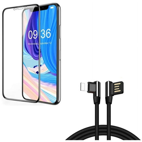iPhone XS/X - Ceramics Screen Protector w 10ft Angle USB Cable - Matte 3D Curved Edge Full Cover Anti Glare Anti Fingerprint 9H Hardness, Charger Cord Power Wire Sync 90 Degree Right Angle