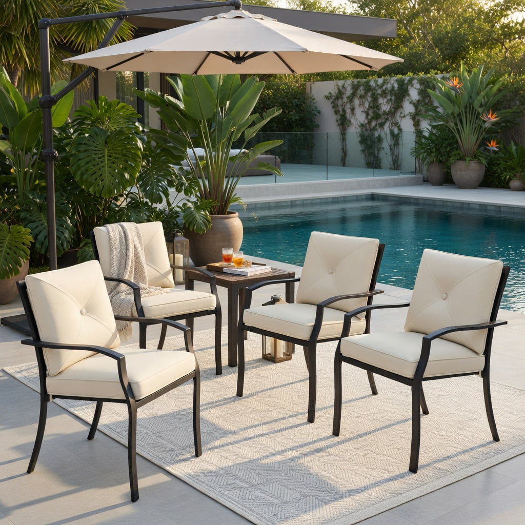 Hommoo 2-Pack Stackable Metal Outdoor Dining Chairs with Armrests, Olefin Cushions, Ergonomic Patio Seating for Backyard BBQs and Alfresco Dining, Beige & Black