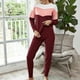 thumbnail image 2 of Conjunto de pijama informal para mujer, camiseta de punto de manga larga roja y pantalones con lazo en la cintura, talla S, color en contraste, 2 of 6