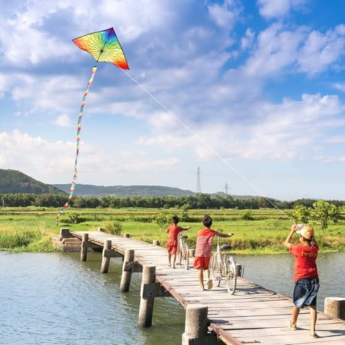 Large Delta Kite for Kids & Adults,Extremely Easy to Fly Kite for Beach Trip,String Line Included,with Colorful Tail,Perfect for Beginners Flower