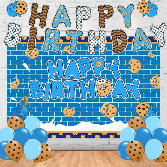 Cookie Blue Monster Birthday Party Supplies,Milk and Cookies Party Decorations Set Include Banner, Backdrop, Balloons for Boys Girls Cartoon Theme Party