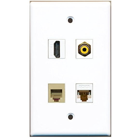 RiteAV - 1 Port HDMI 1 Port RCA Yellow 1 Port Phone RJ11 RJ12 Beige 1 Port Cat6 Ethernet White Wall Plate