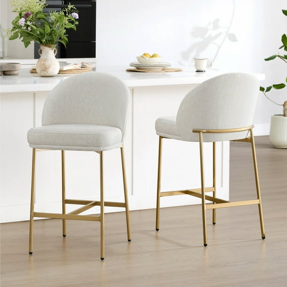 Spruce & Spring Modern Counter Bar Stool with Metal Arc Backrest and Upholstered Seat Set of 2, Cream with Bronze Legs