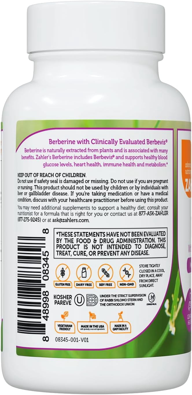 Zahler Berberine Supplement 1000mg with Clinically Evaluated Berbevis Complex and Berberine HCl - Barberry Supplements for Metabolism Glucose and Weight loss Support for Adults (60)