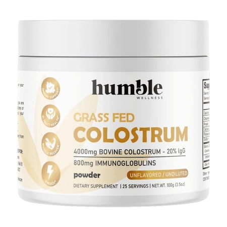 Humble Wellness Grass Fed Colostrum Powder, 4000mg Bovine Colostrum - 20% IgG, 800mg Immunoglobulins, Unflavored, 25 Servings, 3.5 oz