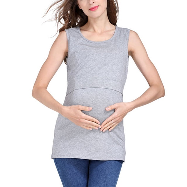 Lenpel Débardeurs de Maternité pour Femmes en Coton Col Rond Double Couche Tunique Sans Manches T-Shirts de Grossesse (Gris, Grand)