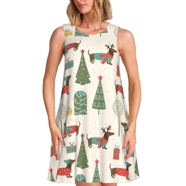 Xecao Robe de Noël Teckel pour Femmes Robes d'Été Décontractées Robes de Plage Sans Manches Robe Évasée avec Poches