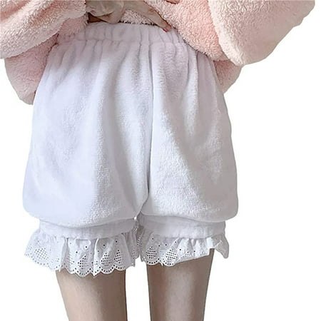 Women Maid Ruffle Fleece Shorts Lolita Bloomers Lace Shorts Casual Plush Pajama Pants White