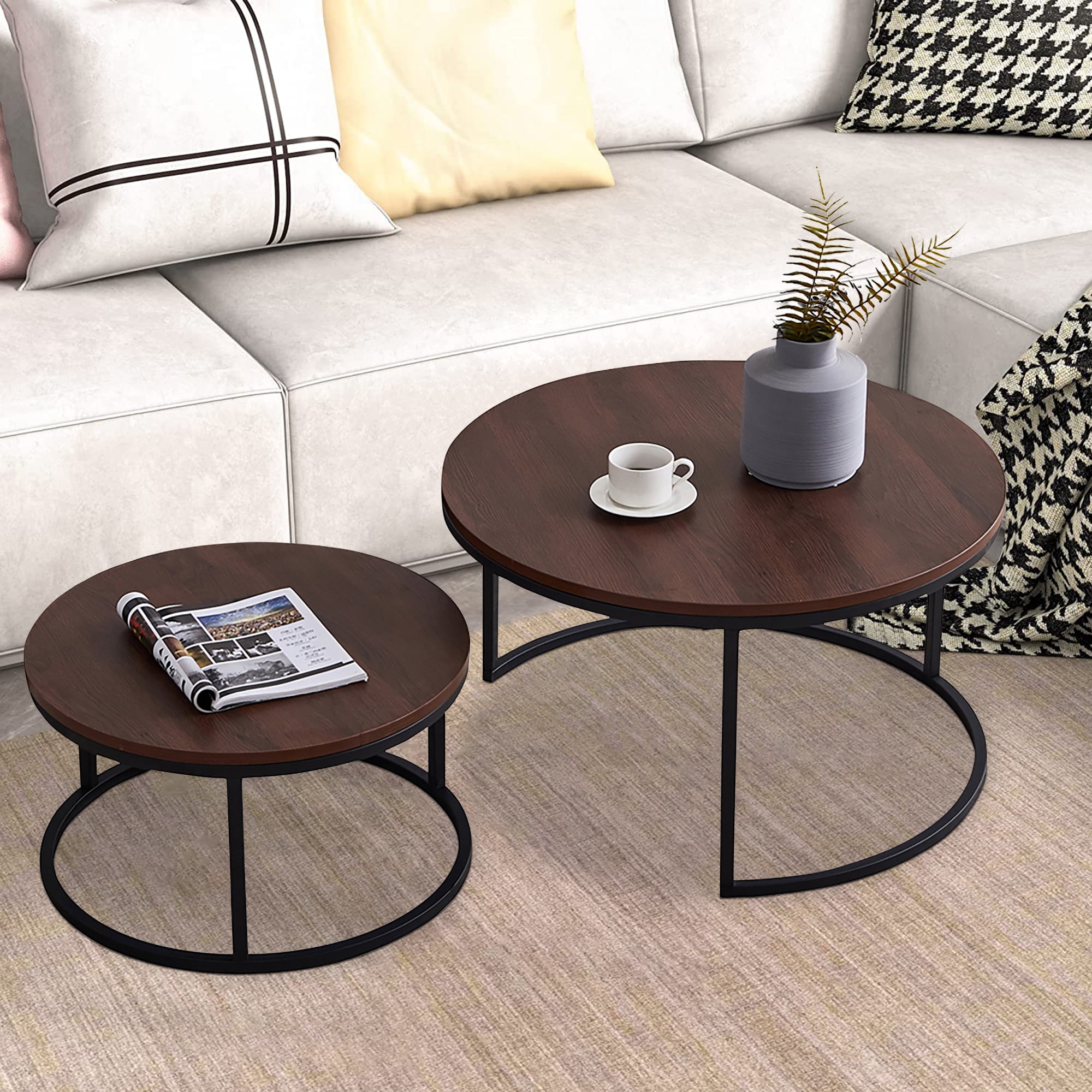 SYNGAR Modern Nesting Coffee Table Set of 2, Round End Tables Wooden