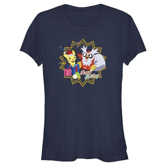 Junior's Pokemon Christmas Pikachu and Delibird Happy Holidays  Graphic Tee Navy Blue 2X Large