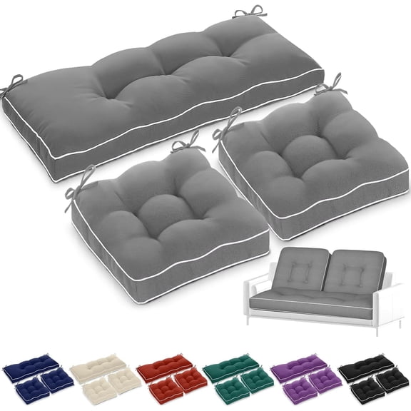 44 x 19 x 4 Inch Outdoor Bench Cushion Set of 3 Waterproof Tufted 1 Patio Loveseat Cushions and 2 Square Chair Seat Pad for Outdoor Furniture Couch Swing Sofa Wicker Settee(Black)