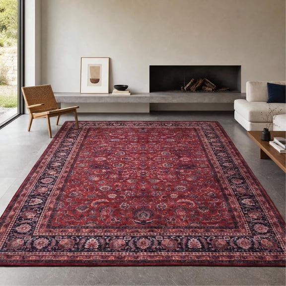 GLN Rugs Yildiz - Indoor, Machine Washable Area Rug - 8'x10' Dark Red Home Carpet