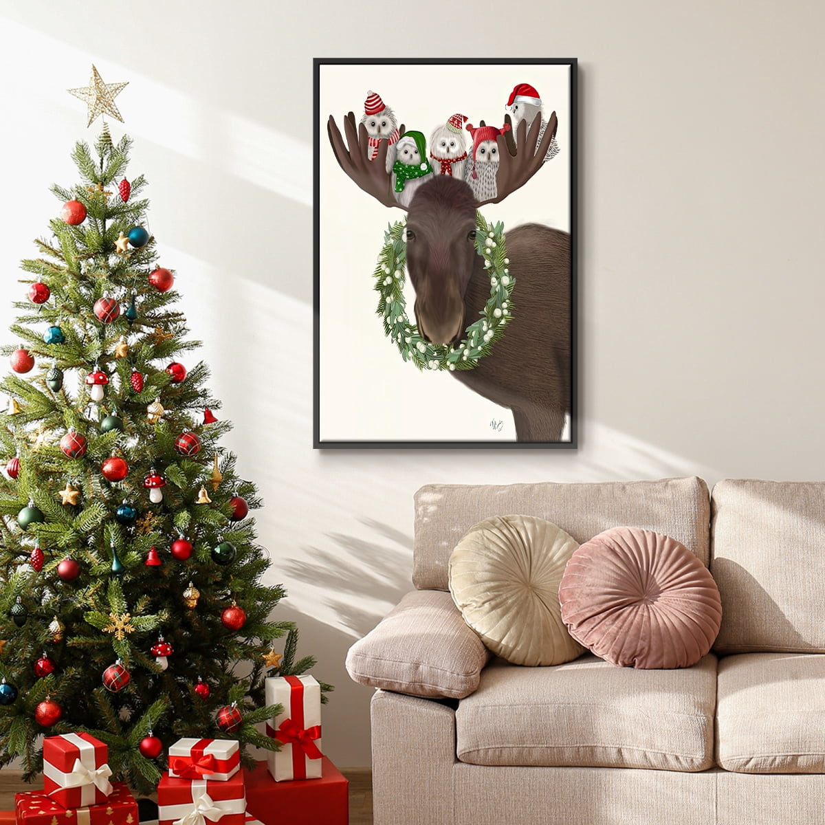 Christmas Moose and Christmas Owls - Framed Gallery Wrapped Holiday Canvas - 25 x 37 - Black Frame