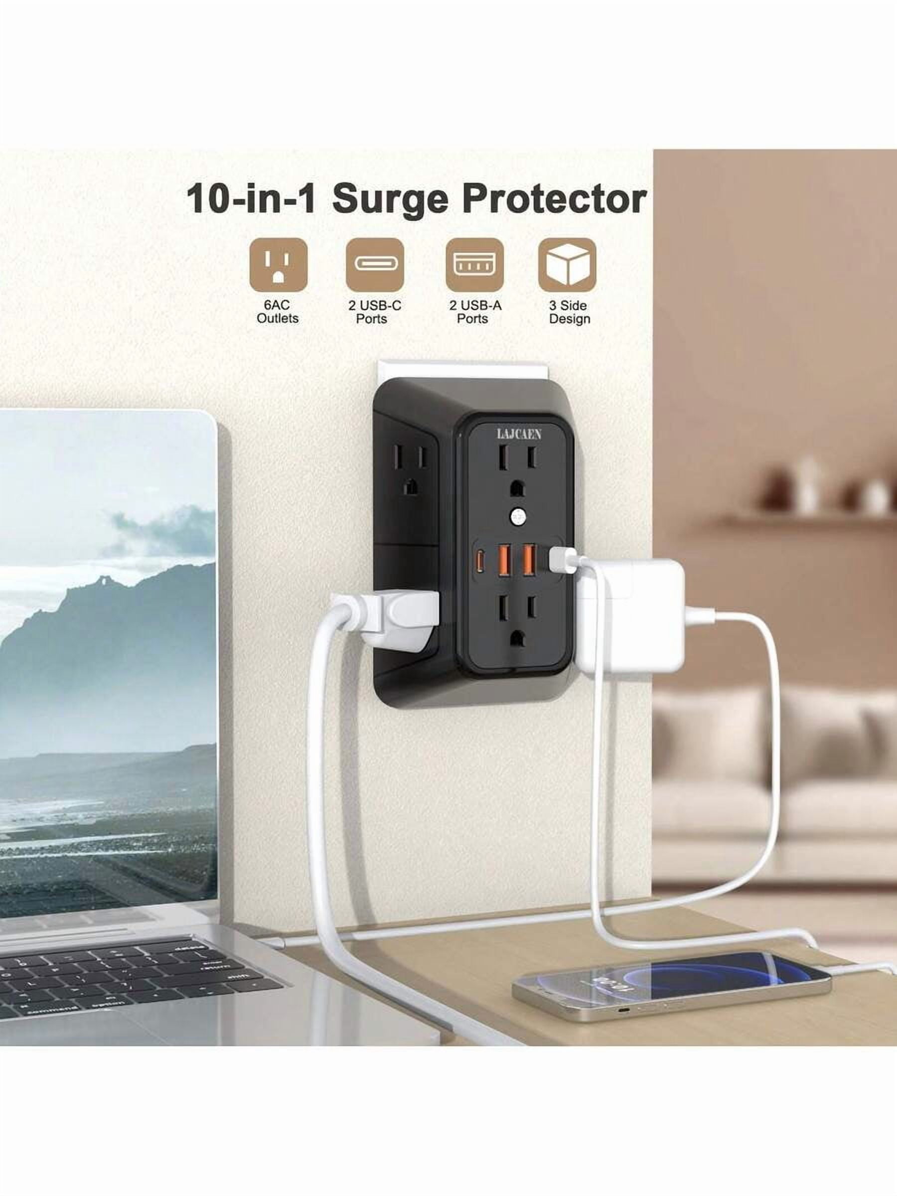 2 Pack Wall Outlet Extender - 6 AC Outlets & 4 USB Charger (2 USB C Ports), 1050J Surge Protector Power Strip, 3-Side Space Saving Design, Wall Mountable For Home, Dorm, Office Essentials