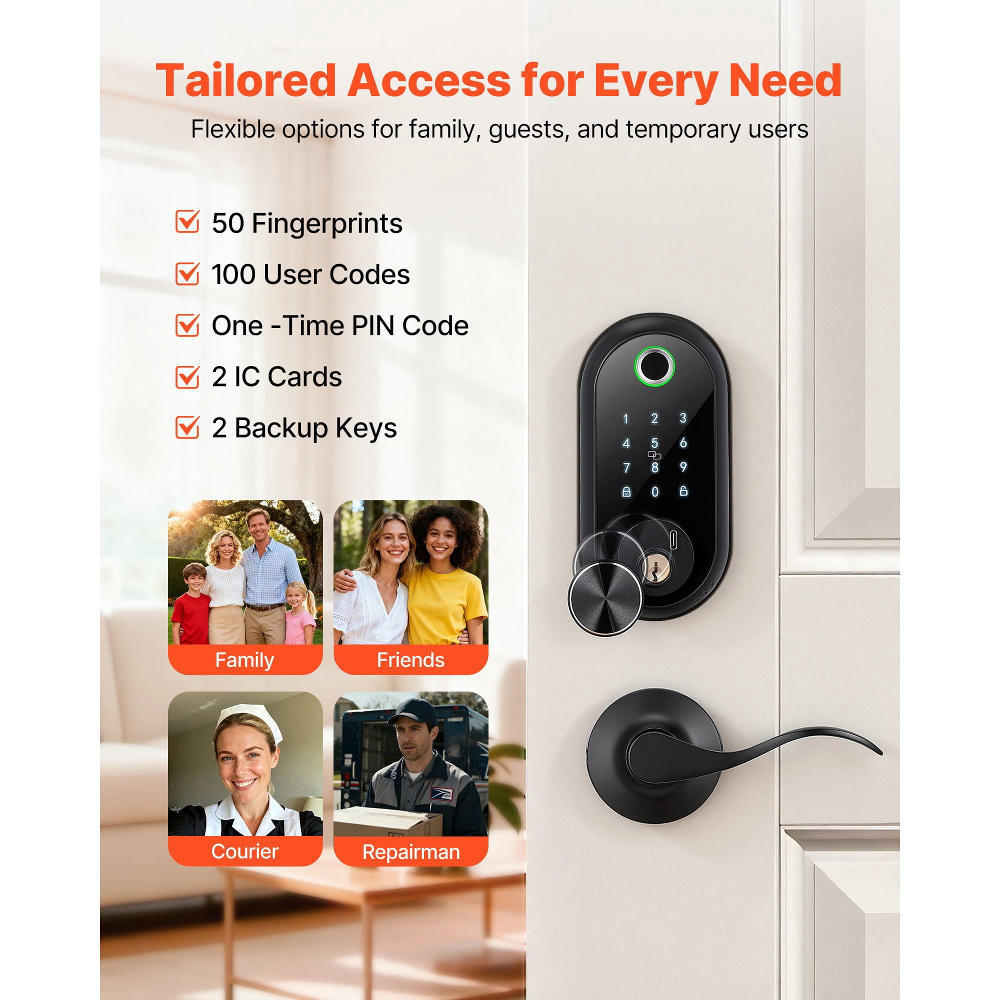 Fingerprint Door Lock Set with Handles Touchscreen 50 Fingerprints 100 User Codes IC Cards for Home Matte Black