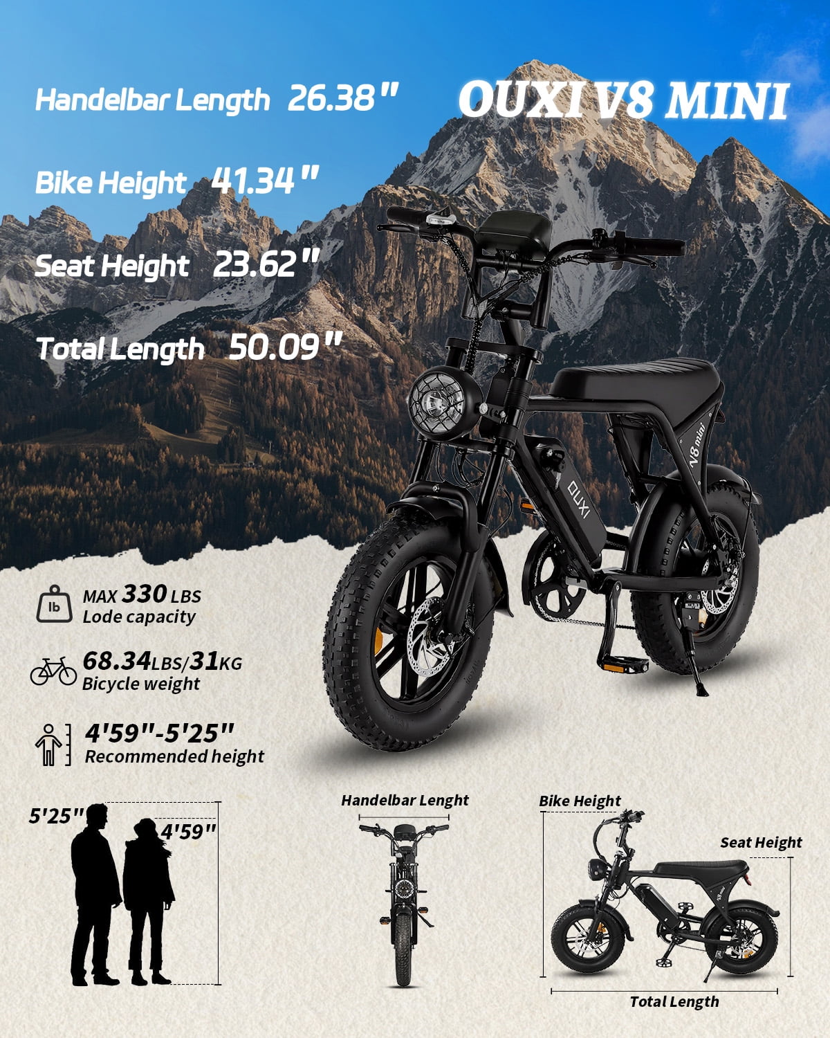 OUXI V8 MINI Electric Bike for Adults, 500W Peak E-Bike with 16" Fat Tires, Removable Battery Options 10.4Ah 7-Speed Electric Bicycle with Dual Disc Brakes