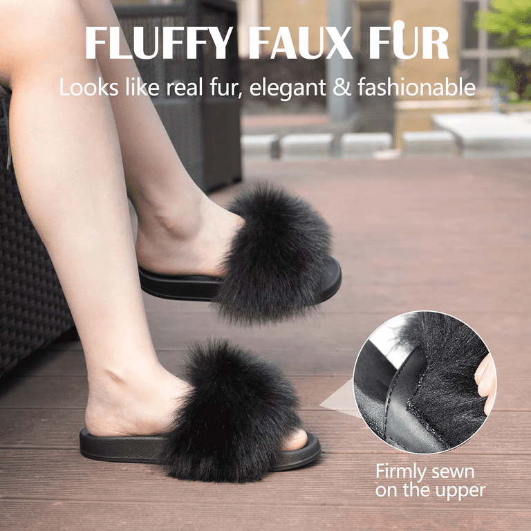 Vogue Cloud Women's Furry Faux Fur Slides Fuzzy Slippers Fluffy Sandals  Outdoor Indoor