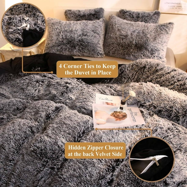 XeGe Fluffy Faux Fur Duvet Cover Set, 3 Pieces Soft Plush Shaggy Bedding  Set (1 Furry Comforter Cover + 2 Faux Fur Pillow Cases), Zipper  Closure(Queen, Black Ombre) 