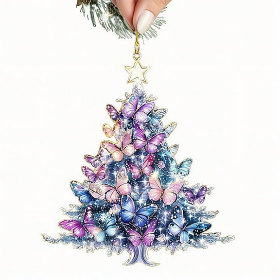 HaoXun Christmas Tree Acrylic Ornament - Purple Pink Blue Butterfly Holiday Decorations with Sparkling Accents for Xmas Tree Home Party Supplies