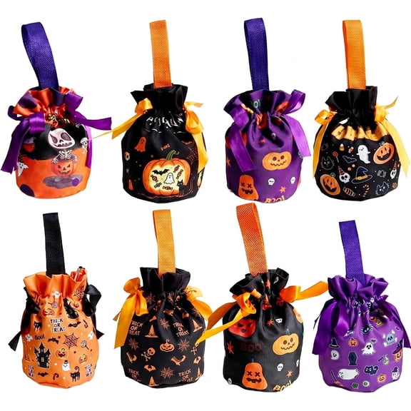 8 Pcs Halloween Drawstring Candy Bags with Webbing Handles,Reusable Polyester Trick or Treat Goodie Bags,Round Bottom 3D Halloween Party Favor Gift Pouches for Kids Halloween Treats Candy Small Gifts