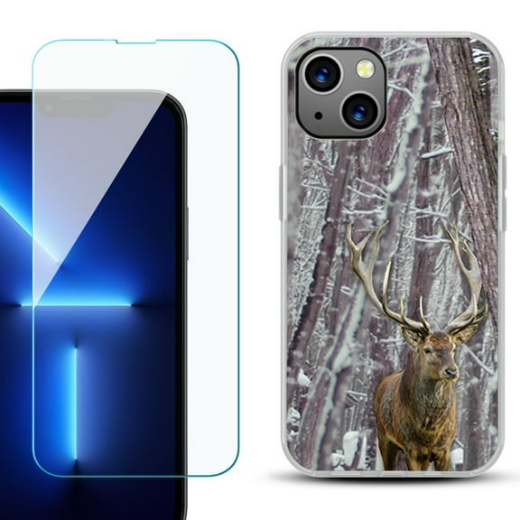 OneToughShield ® for iPhone 15 Fashion Phone Case, with Tempered Glass Screen Protector - Deer/Snow/Camo