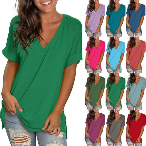 DDAPJ pyju Women's Short Sleeve V Neck Tops Solid Casual Summer T Shirts Ladies Basic Tees Army Green L